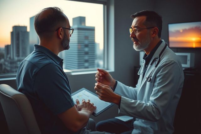 The image depicts a professional setting where a doctor is sitting across from a patient during an office visit. The doctor appears to be engaged in conversation, possibly discussing medical issues with the patient who is seated opposite him. The environment suggests a modern medical office, characterized by natural light and city views through large windows. 