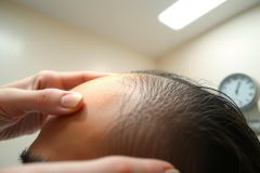 Close-up of a person receiving a facial massage or treatment. Focus on the skin texture and a hand applying pressure. Healthcare setting, possibly a spa or clinic. Light skin tone, soft lighting.