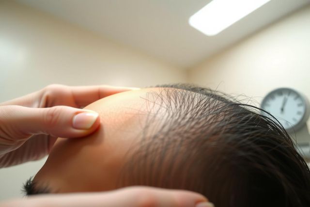 Close-up of a person receiving a facial massage or treatment. Focus on the skin texture and a hand applying pressure. Healthcare setting, possibly a spa or clinic. Light skin tone, soft lighting.
