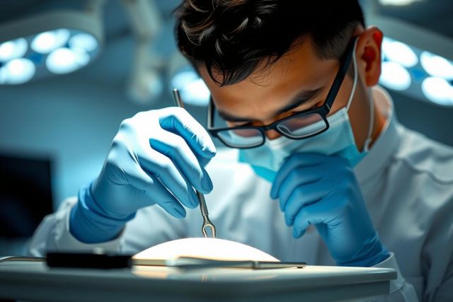 Scientist in lab coat and gloves examines a sample under bright light. Focus on precision and research in a scientific setting. Close-up view of analysis.