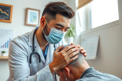 Doctor in a white coat and mask examines a patient during a consultation. Healthcare professional providing care in a modern office setting.