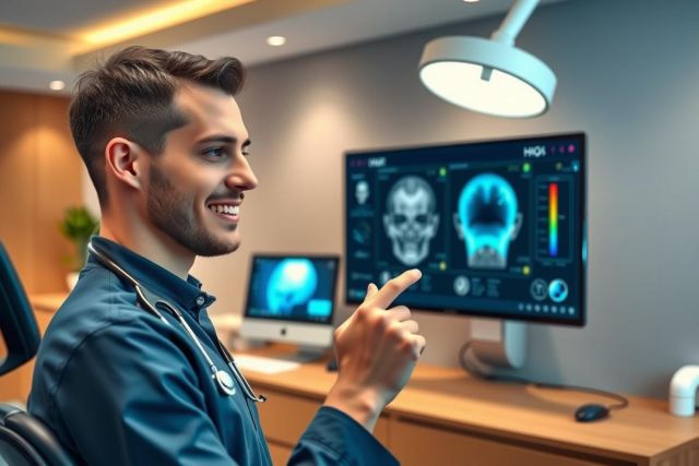 Doctor examining a brain scan on a monitor in a medical office. Focus on neurological diagnostics and healthcare technology. Blue scrubs, bright room, professional setting.