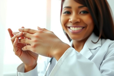 A female doctor in a white coat smiles and gestures with her hands. The background shows a bright, modern healthcare environment. Image conveys professionalism and care.