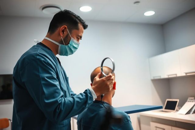 Dermatologist examines a patient's scalp with a dermatoscope in a clinical setting. The doctor wears a blue scrub and mask, emphasizing a healthcare environment. Focus on skin health and medical examination.