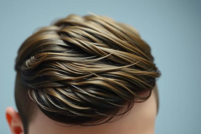Close-up of short, dark brown hair with highlights, styled and shiny. Focus on the texture and style of the hair. Simple background.