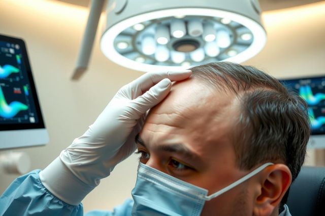 Surgeon in surgical scrubs and mask examines an image on a monitor. Focus on the medical professional in an operating room setting with bright lights and technology.