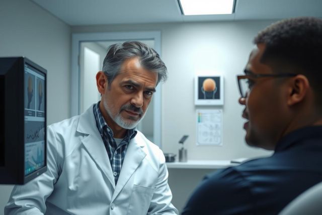 Doctor in white coat consulting with a patient in a medical office. Healthcare, consultation, examination, medical professional, patient care, clinic setting.