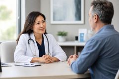 Doctor consulting a middle-aged man in a medical office, discussing treatment or options.