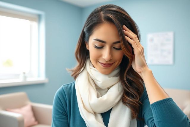Portrait of a smiling woman with long brown hair and a white scarf, seated indoors. She's wearing a teal sweater in a bright, blue-walled room with a window and a couch. A calming, thoughtful moment captured in a modern interior setting.
