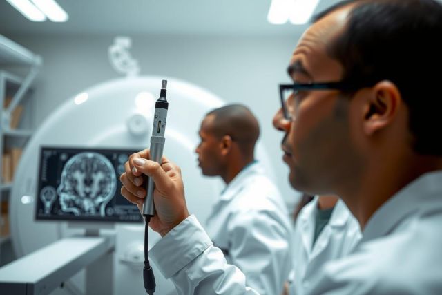 Medical professionals examine a brain scan in a hospital setting. Researchers in lab coats analyze imaging data, highlighting advancements in neuroscience and diagnostic technology.