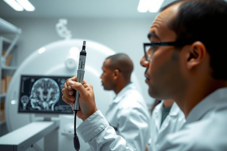 Medical professionals examine a brain scan in a hospital setting. Researchers in lab coats analyze imaging data, highlighting advancements in neuroscience and diagnostic technology.