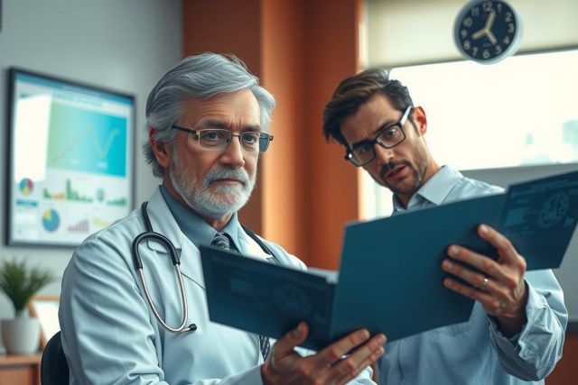Two male doctors in a professional setting, examining medical charts and discussing patient cases.