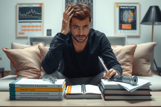 Man with beard, sitting at desk with pencil and calculator, surrounded by books and papers, showing stress or concentration.