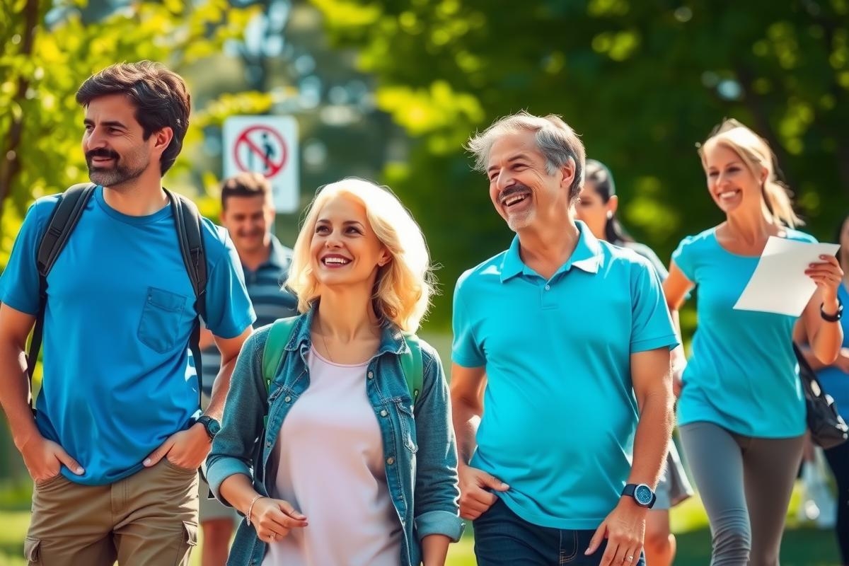In the image, a group of people are seen walking in what appears to be a park or urban green space.
