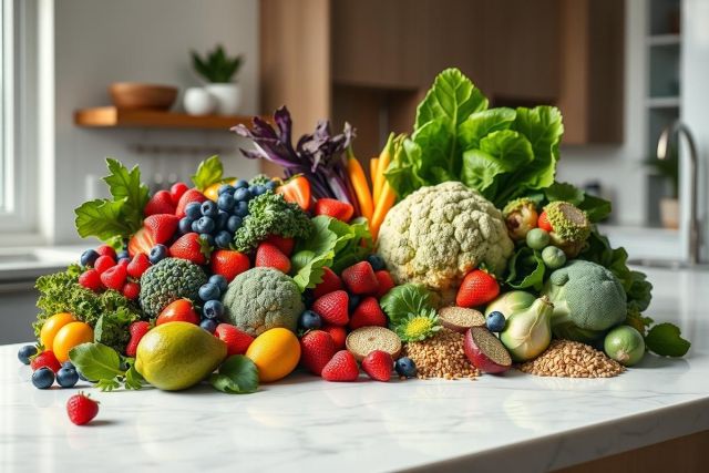 Abundant display of fresh, colorful produce including fruits like strawberries and blueberries, and vegetables like broccoli, cauliflower, and leafy greens. A healthy, vibrant food arrangement on a white marble countertop in a modern kitchen setting. Focus on organic, whole foods and healthy eating.