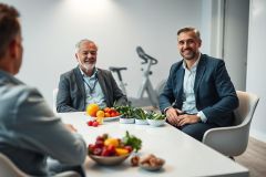 Business meeting with healthy food. Two men in suits sit at a table with fresh fruit and vegetables, engaging with a third person. Modern office setting with a fitness bike visible in the background. Focus on wellness and professional collaboration.