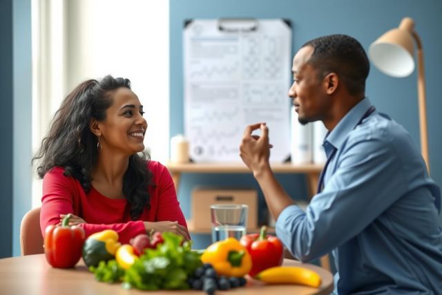 Two people chatting across a table laden with colorful fruits and vegetables. The scene is indoors, with a warm, inviting atmosphere and bright natural light. A casual and friendly conversation is evident.