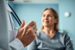 Doctor consults with a patient in a bright blue medical office. The image shows a healthcare professional with a stethoscope discussing health concerns with a woman. Focus is on a friendly, reassuring doctor-patient interaction, promoting wellness and medical care.