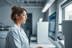 Female scientist in a modern laboratory analyzing data on a computer monitor. The image showcases a clean, bright environment with cool blue and gray tones, highlighting scientific research and technology. Focus on data analysis and lab work.