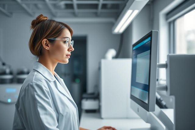 Female scientist in a modern laboratory analyzing data on a computer monitor. The image showcases a clean, bright environment with cool blue and gray tones, highlighting scientific research and technology. Focus on data analysis and lab work.