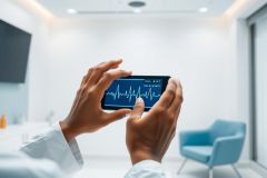 Close-up of hands holding a smartphone displaying a blue electrocardiogram (ECG) waveform. Set in a modern, bright medical office or clinic environment. Focus on healthcare technology and patient monitoring.