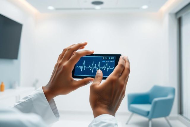 Close-up of hands holding a smartphone displaying a blue electrocardiogram (ECG) waveform. Set in a modern, bright medical office or clinic environment. Focus on healthcare technology and patient monitoring.