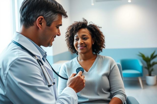 Doctor examining a patient with a stethoscope in a bright, modern clinic. Healthcare professional consults with a smiling woman in a light-filled room. Medical checkup, wellness, and patient care themes.