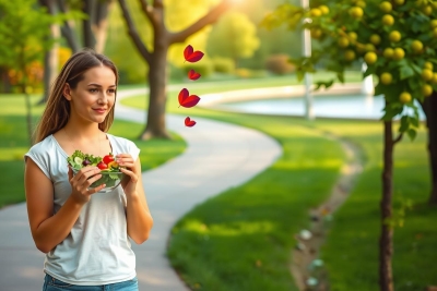 The image portrays a young woman in a pleasant outdoor setting. She is holding a bowl of fruit and enjoying a healthy snack, possibly during a walk or jog on a path that curves gently through the grassy area. The sun is shining brightly, casting soft shadows and highlighting the fresh, green environment around her. Her expression conveys contentment and enjoyment of the moment.