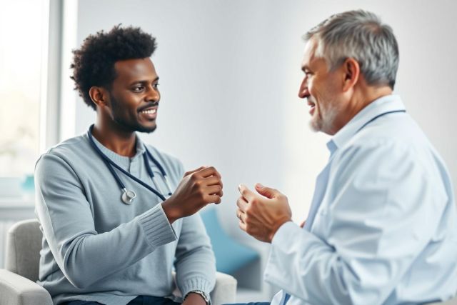Doctor and patient consultation. A young African American doctor wearing a stethoscope discusses health concerns with an older man in a bright, modern office setting. Focus on healthcare, medical advice, and professional patient care. Blue and gray tones dominate the scene.