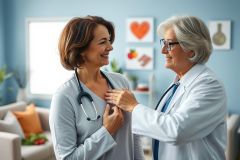 Doctor examining a patient in a bright, modern medical office. A smiling woman wearing a stethoscope receives a checkup from a friendly female physician. Focus on healthcare, wellness, and patient care with a warm, inviting atmosphere.