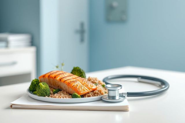 Healthy eating concept: grilled salmon with broccoli and grains on a white plate, alongside a stethoscope. Blue-toned medical environment suggests nutritious diet for wellness and healthcare. Focus on fresh ingredients and a balanced meal.