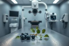 Blueberries and a branch with leaves sit on a dental examination table in a modern, blue dental clinic. Medical equipment and a monitor are blurred in the background, creating a conceptual image focused on health, wellness, and nutrition.