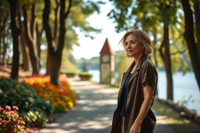 The image portrays a woman walking on a path by a body of water, likely a lake. The setting is serene with trees lining the path and providing shade.
