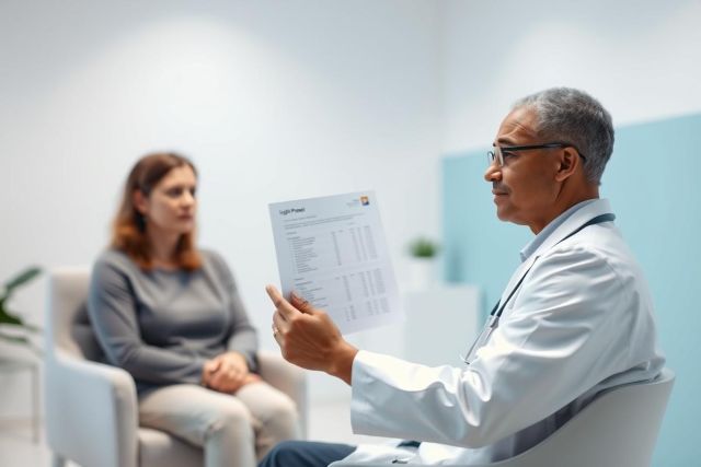 Doctor consults with patient in a bright, modern medical office. A mature male doctor in a white coat reviews a document with a female patient. Focus on healthcare, consultation, and medical examination in a clean, professional setting.