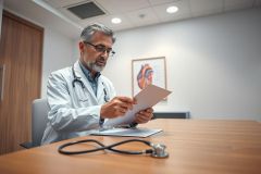 A mature male doctor in a white coat and glasses reviews patient documents at his desk in a modern medical office. A stethoscope rests on the wooden table alongside the paperwork. The room has a clean, neutral color palette with a heart anatomy poster visible in the background. Healthcare, medical professional, examination, analysis.