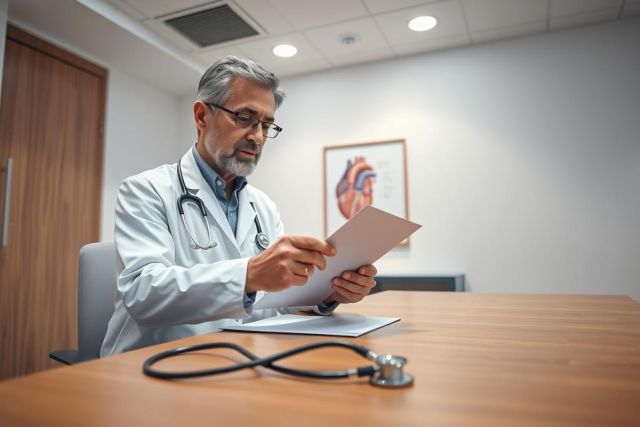 A mature male doctor in a white coat and glasses reviews patient documents at his desk in a modern medical office. A stethoscope rests on the wooden table alongside the paperwork. The room has a clean, neutral color palette with a heart anatomy poster visible in the background. Healthcare, medical professional, examination, analysis.