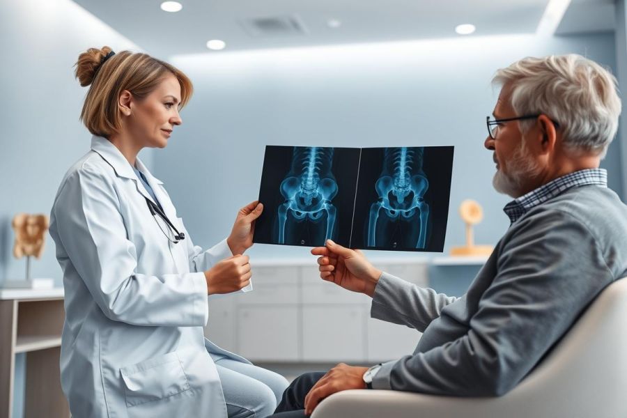 Doctor examining an X-ray of a patient's pelvis in a modern clinic. The image shows a blue-toned X-ray alongside a female doctor in a white coat and an elderly male patient. Healthcare, diagnosis, and medical imaging concepts are depicted in a bright, clinical setting.