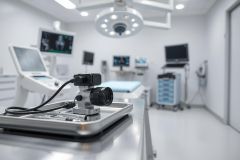 Modern surgical operating room with medical equipment. Stainless steel tray with surgical tools and an endoscopic camera are in focus. The sterile environment features bright white walls, monitors displaying medical imagery, and surgical lights. Focus on healthcare, surgery, and medical technology.