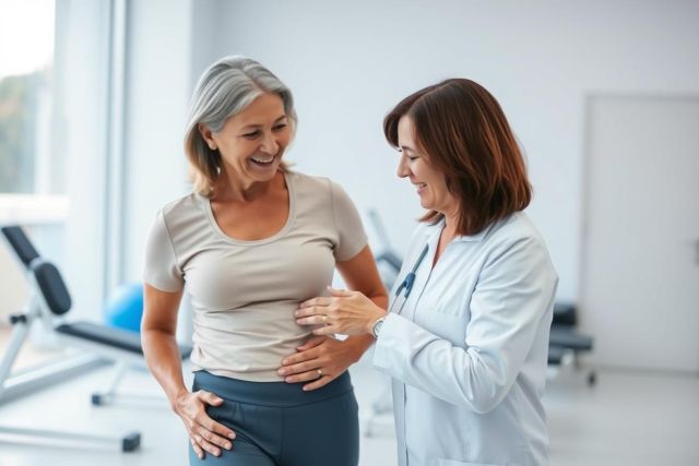 A smiling senior woman receives a physical exam from a female doctor in a bright, modern clinic. The scene depicts healthcare, wellness, and preventative care with a focus on women's health. Neutral and blue tones dominate the image, showcasing a positive doctor-patient interaction.