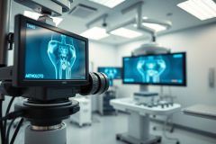 Surgical operating room showcasing medical imaging of a hip joint. Blue and white color scheme highlights advanced orthopedic technology and diagnostic equipment. Focus on monitors displaying anatomical scans, suggesting a surgical procedure or planning.