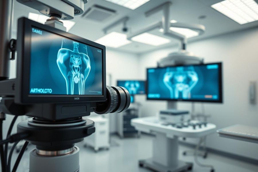 Surgical operating room showcasing medical imaging of a hip joint. Blue and white color scheme highlights advanced orthopedic technology and diagnostic equipment. Focus on monitors displaying anatomical scans, suggesting a surgical procedure or planning.