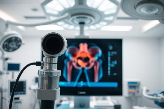 Medical imaging in a surgical operating room. A camera focuses on a screen displaying a colorful, detailed scan of a hip joint. Bright surgical lights illuminate the sterile environment, highlighting diagnostic technology and healthcare procedures.