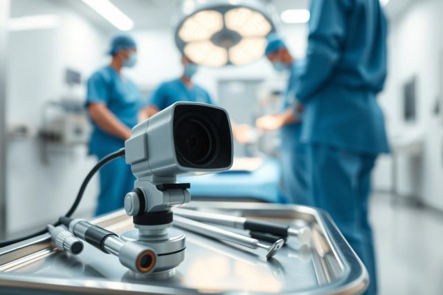Surgical microscope in a bright, sterile operating room. Medical instruments are visible alongside the microscope, with surgeons in blue scrubs blurred in the background. Focus is on the advanced surgical technology used in modern healthcare.