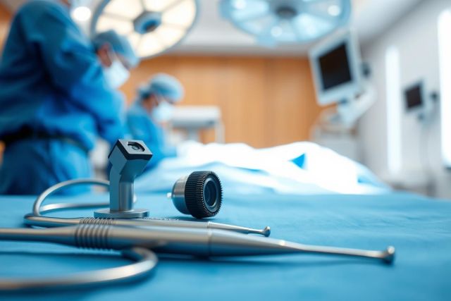 Surgical tools and laparoscopic camera on a sterile blue operating table. Blurred background shows medical staff in blue scrubs in a modern operating room setting. Focus on precision instruments and healthcare technology.