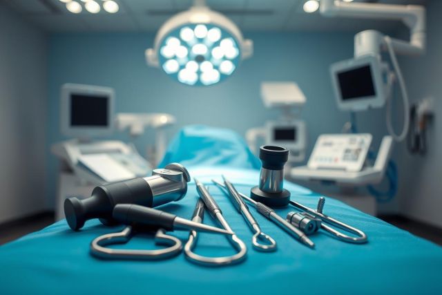 Surgical instruments arranged on a blue surgical drape in a modern operating room. Focus on laparoscopic tools and equipment under bright overhead lighting. Clean, sterile environment with monitors and medical devices in the background. Healthcare, surgery, medical technology.