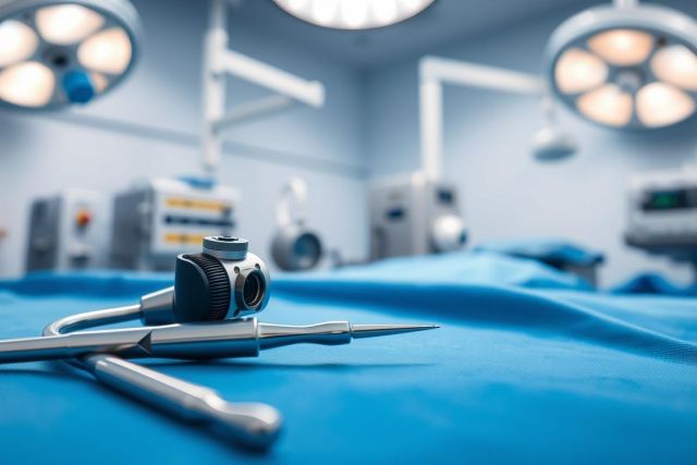 Surgical instruments on a blue operating table in a modern operating room. Bright overhead lights and medical equipment create a sterile, clinical environment. Focus on surgical tools, healthcare, and medical technology.