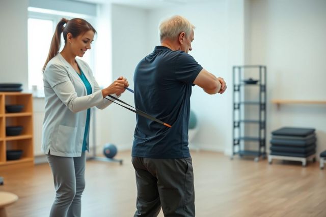 Physical therapy session: An older man exercises with the assistance of a female therapist in a bright, modern gym. The scene depicts rehabilitation and senior fitness, utilizing resistance bands for strength training. Focus on recovery and healthcare.