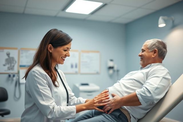Doctor examining a senior patient in a bright, modern medical clinic. The scene features a female doctor in a white coat, smiling and interacting with an older man seated on an examination table. Blue walls and anatomical posters create a healthcare environment. Focus on patient care and wellness.