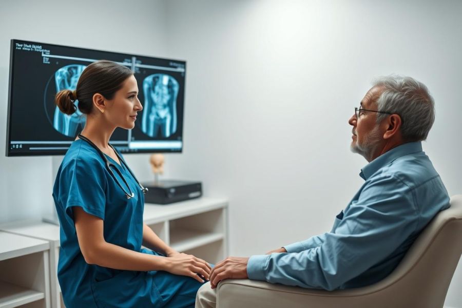 Doctor discussing medical imaging results with a patient in a clinical setting. X-ray displayed on screen. Healthcare consultation, diagnostic imaging, and patient care themes. Blue scrubs, neutral tones, and a focus on professional medical interaction.