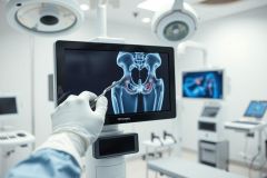 Medical X-ray image of a hip joint displayed on a monitor in a modern operating room. A gloved hand points to the screen showing bone structure and potential injury. Clinical setting with bright white lighting and medical equipment.